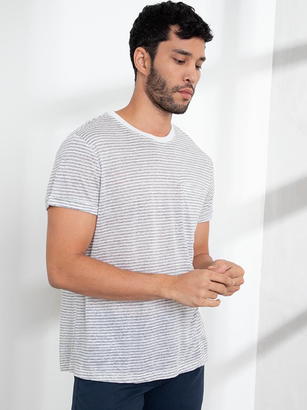 

ORIGIN BY ZALORA Men White & Blue Striped Linen T Shirt