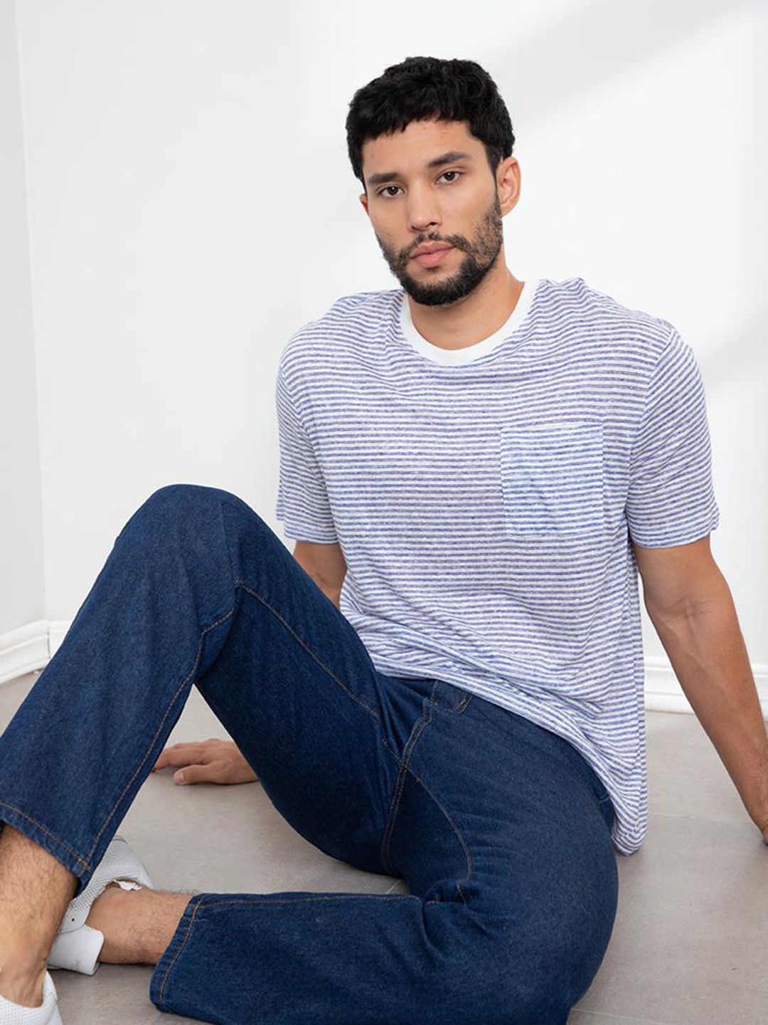 

ORIGIN BY ZALORA Men Grey Striped Pure Linen Pockets T-shirt