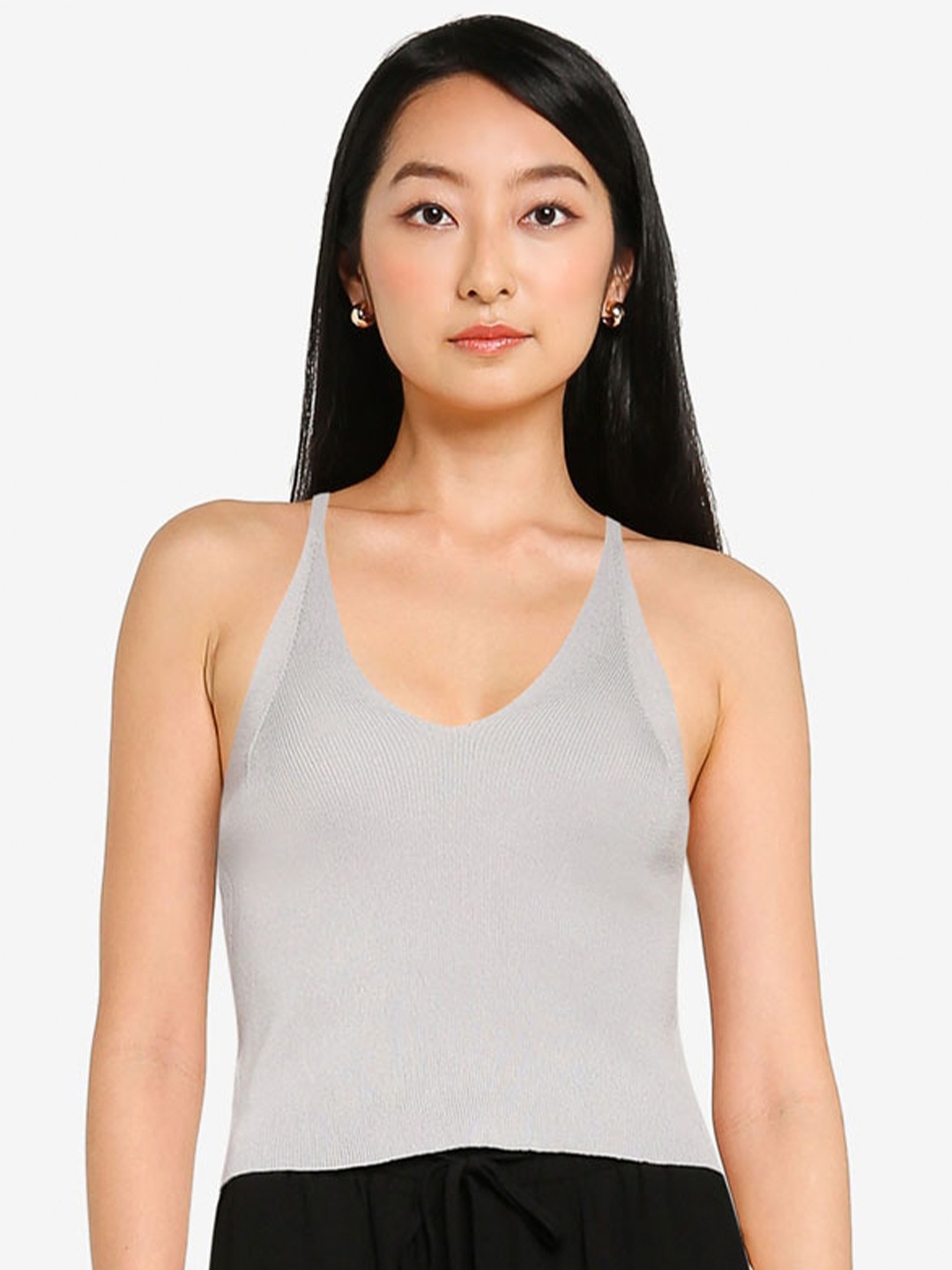 

ZALORA BASICS Grey Fitted Knit Strap Top