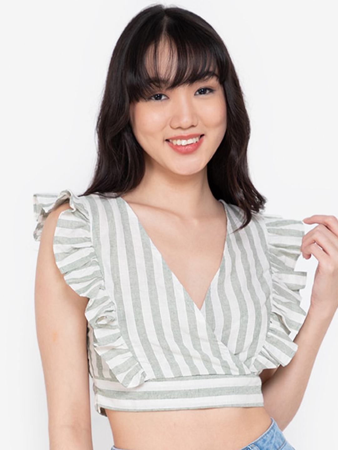 

ZALORA BASICS Grey & White Striped Ruffles Wrap Crop Top