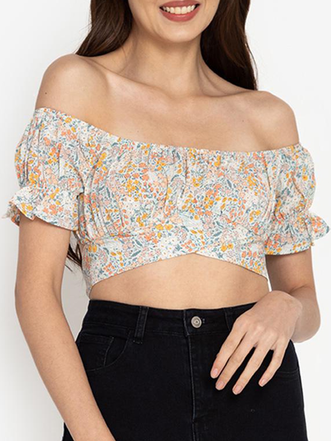 

ZALORA BASICS Black & White Floral Print Off Shoulder Crop Top