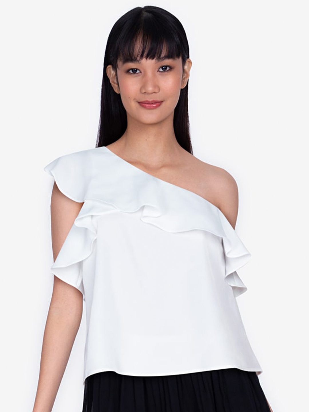 

ZALORA BASICS Women White Solid One Shoulder Top with Ruffles