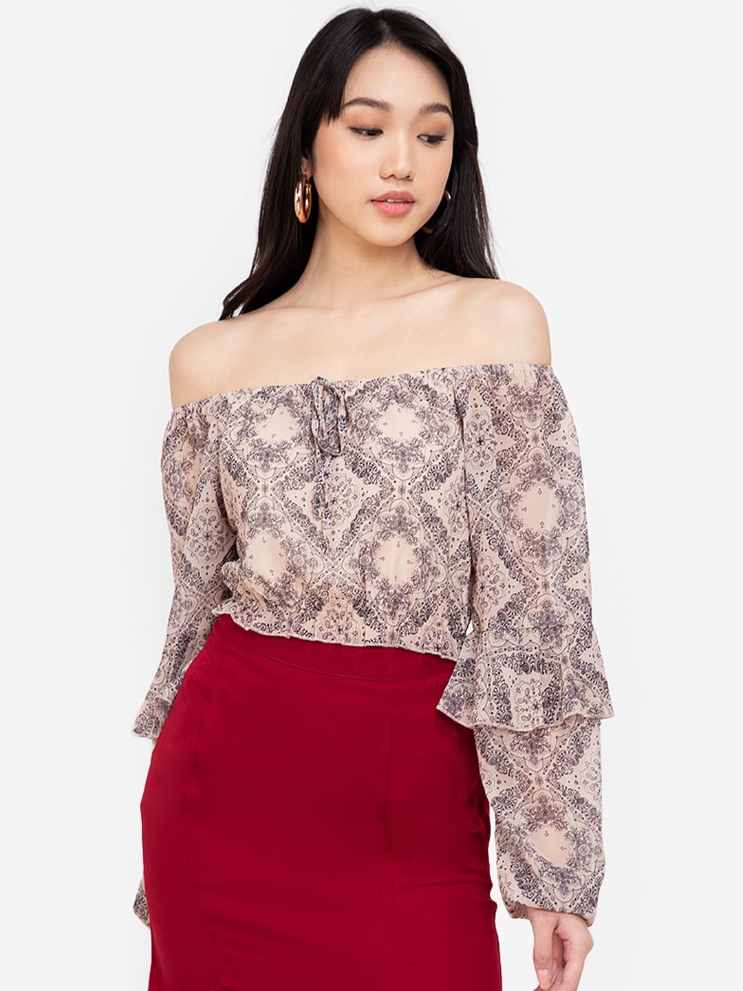

ZALORA BASICS Beige & Black Print Top