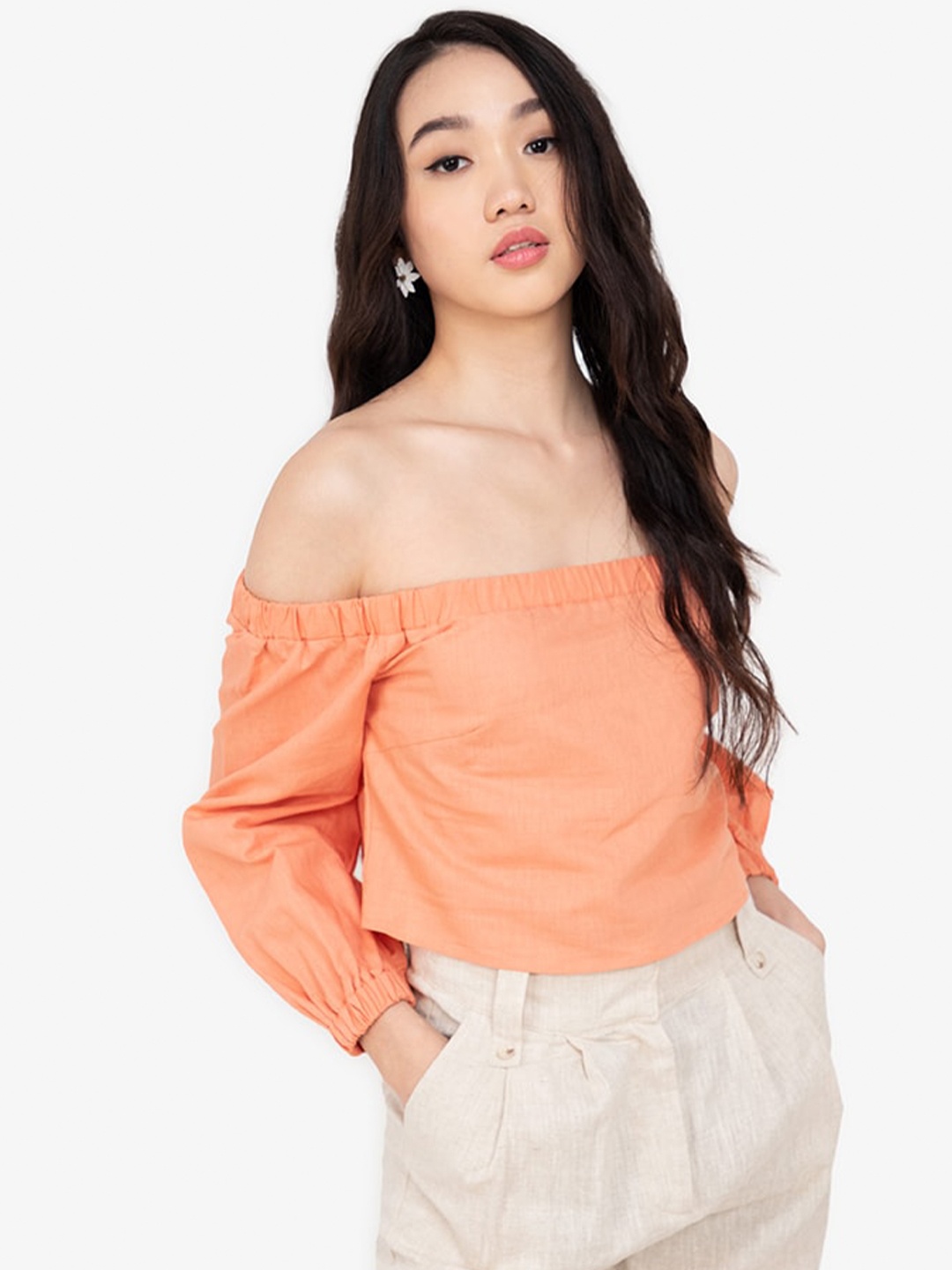 

ZALORA BASICS Pink Off-Shoulder Linen Bardot Top