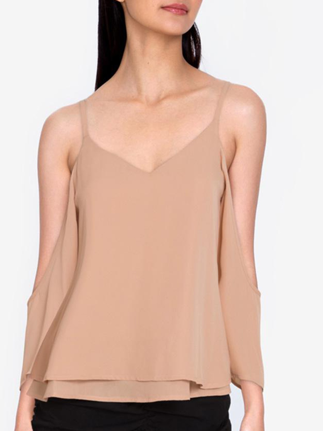 

ZALORA BASICS Women Beige Solid Cold Shoulder Top