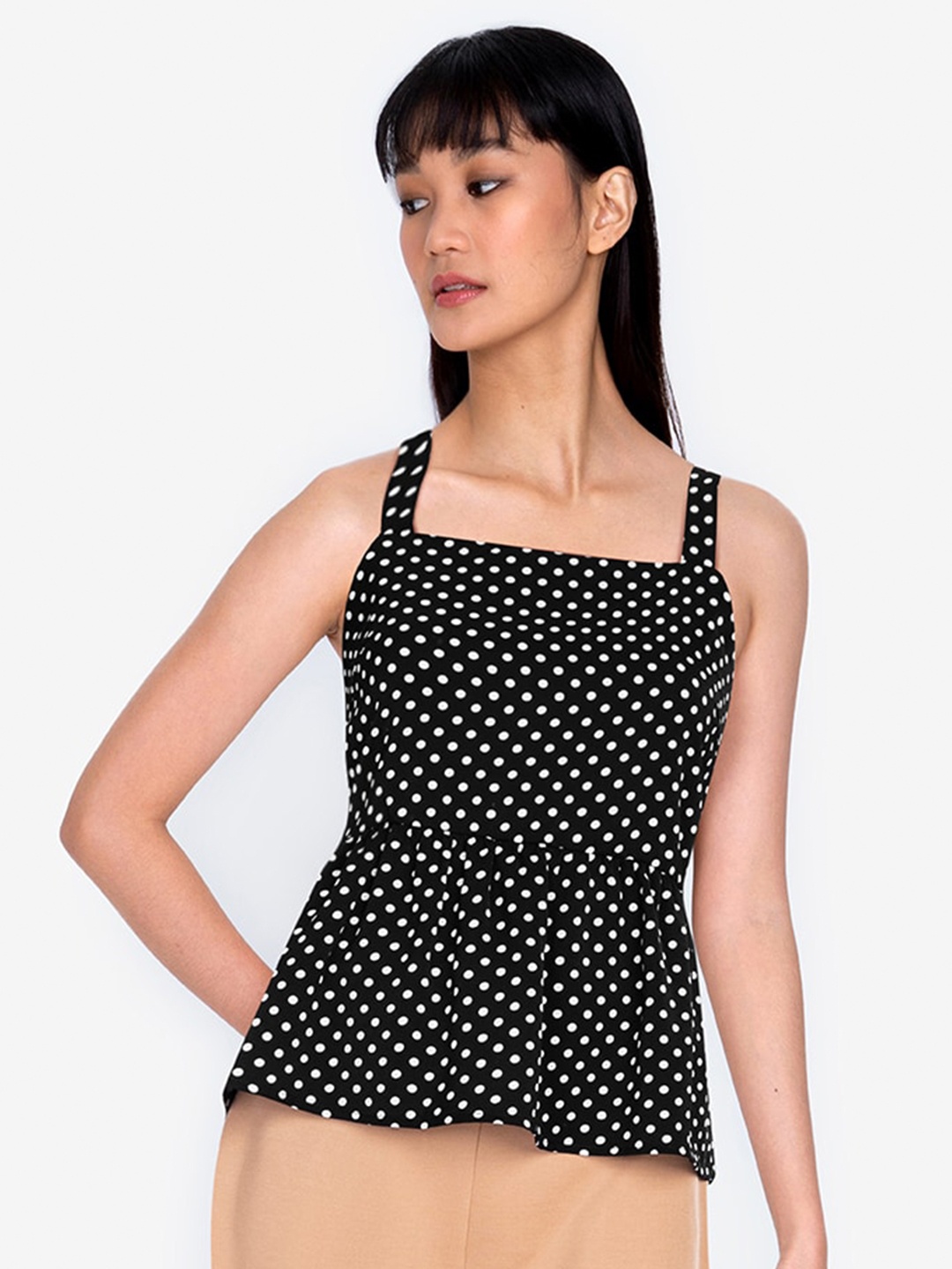 

ZALORA BASICS Black & White Polka Dots Print Peplum Top