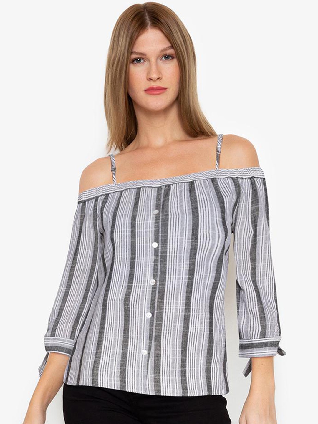 

ZALORA BASICS Grey Striped Cold Shoulder Sleeves Pure Cotton Top
