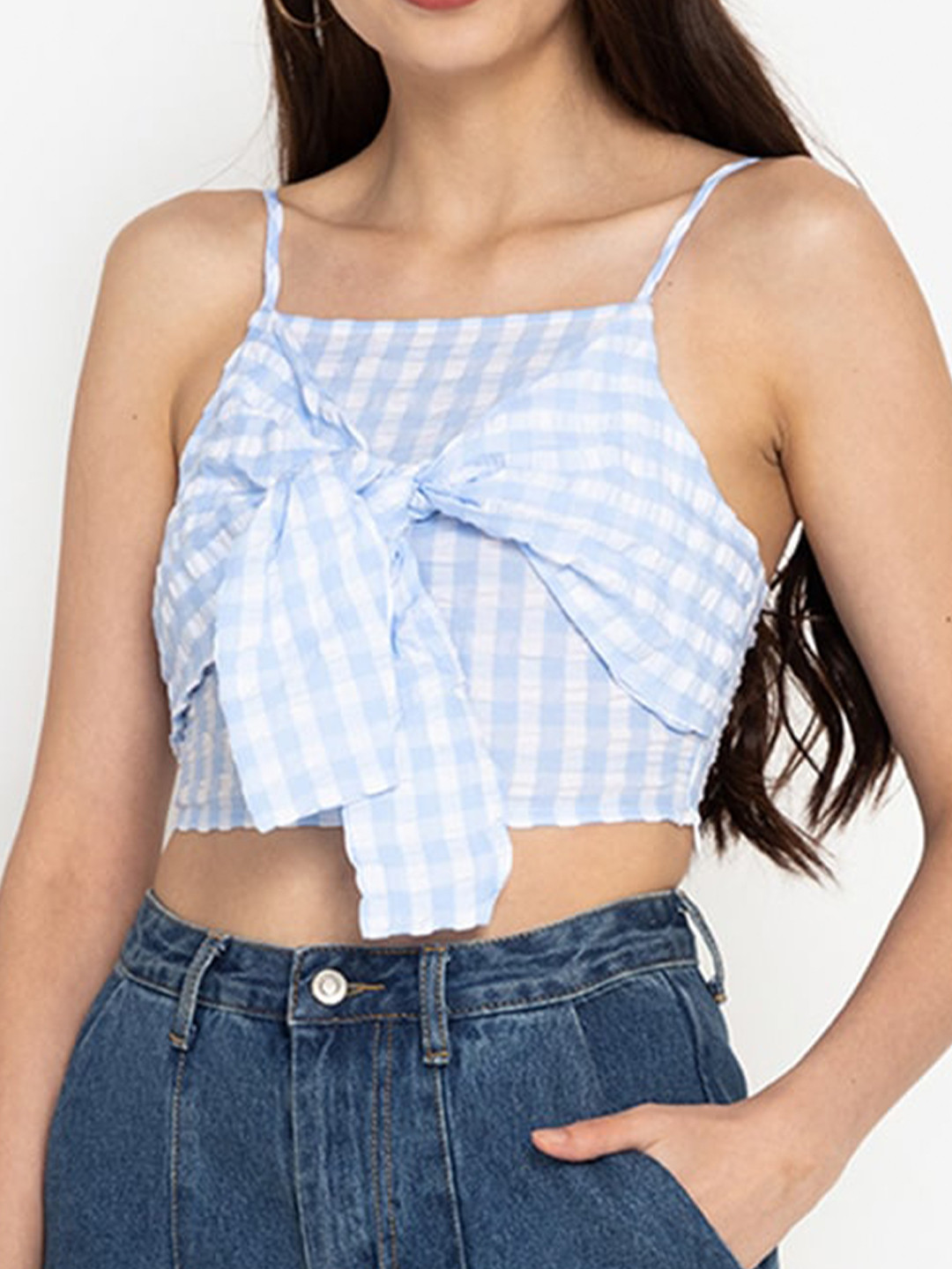 

ZALORA BASICS Blue & White Checked Knotted Crop Top