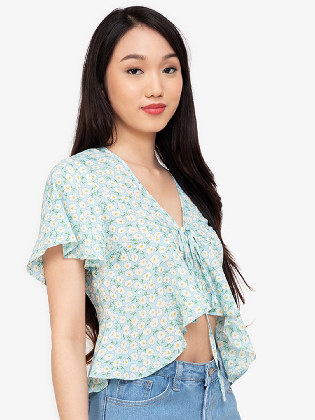 

ZALORA BASICS Green & White Floral Print Ruffled Crop Top