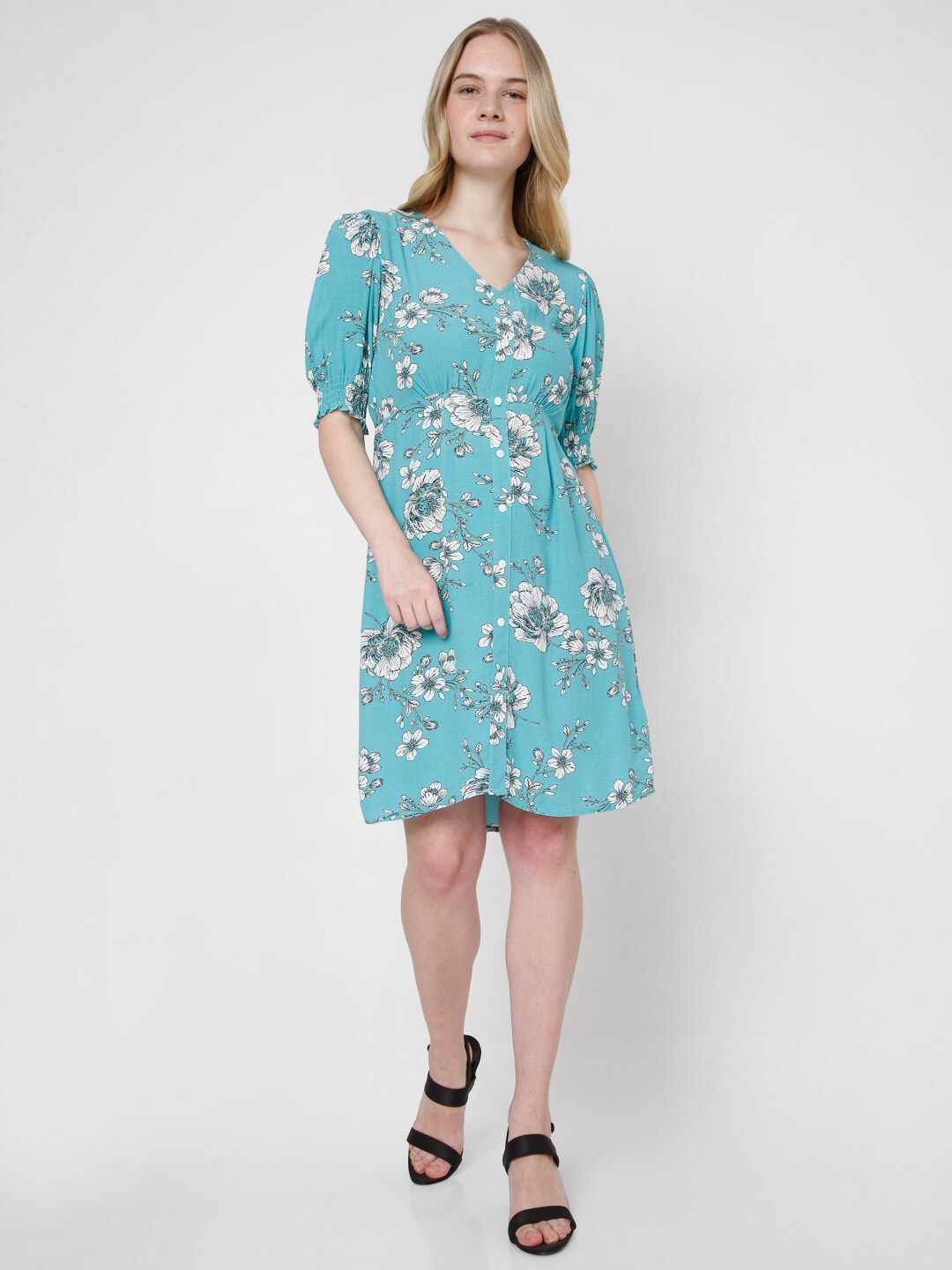 

Vero Moda Blue Floral Print A-Line Dress