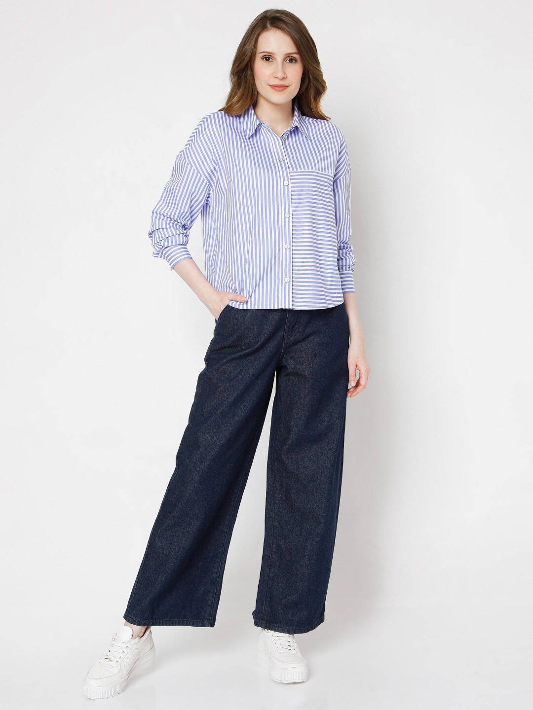 

Vero Moda Women Blue & White Classic Striped Casual Shirt