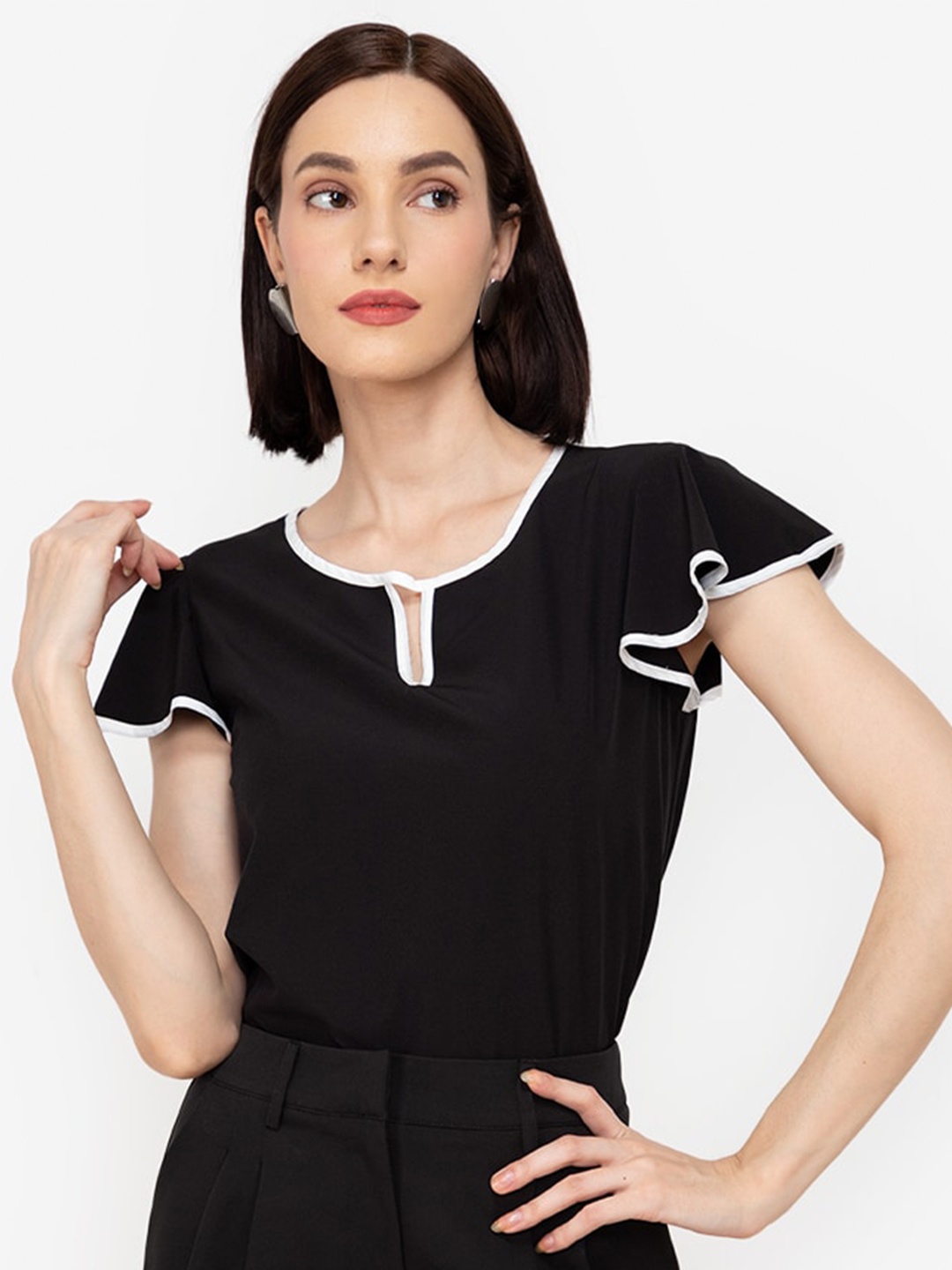 

ZALORA WORK Black Keyhole Neck Flutter Sleeves Monochrome Top