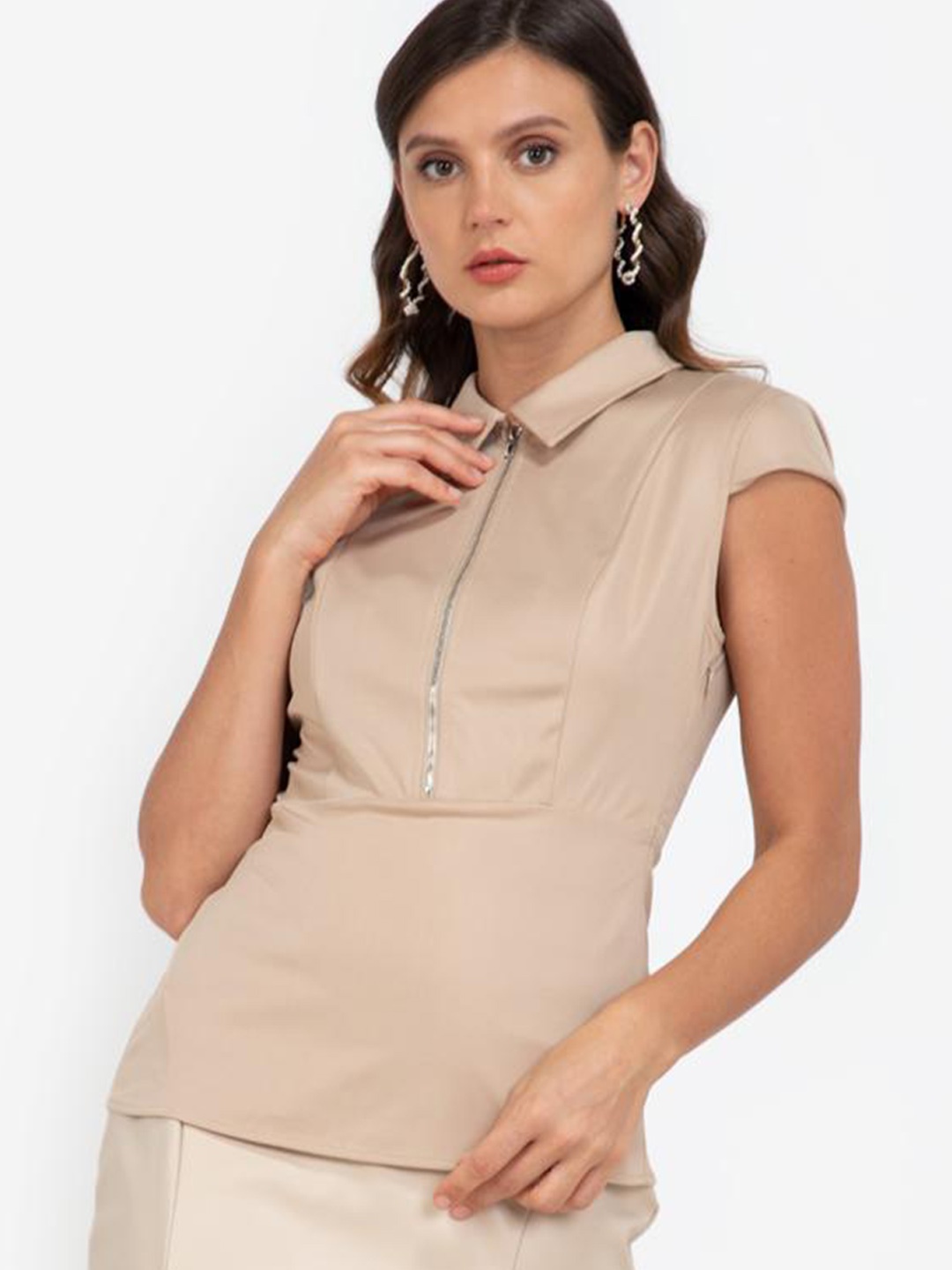 

ZALORA WORK Beige Cap Sleeve Zip Up Top