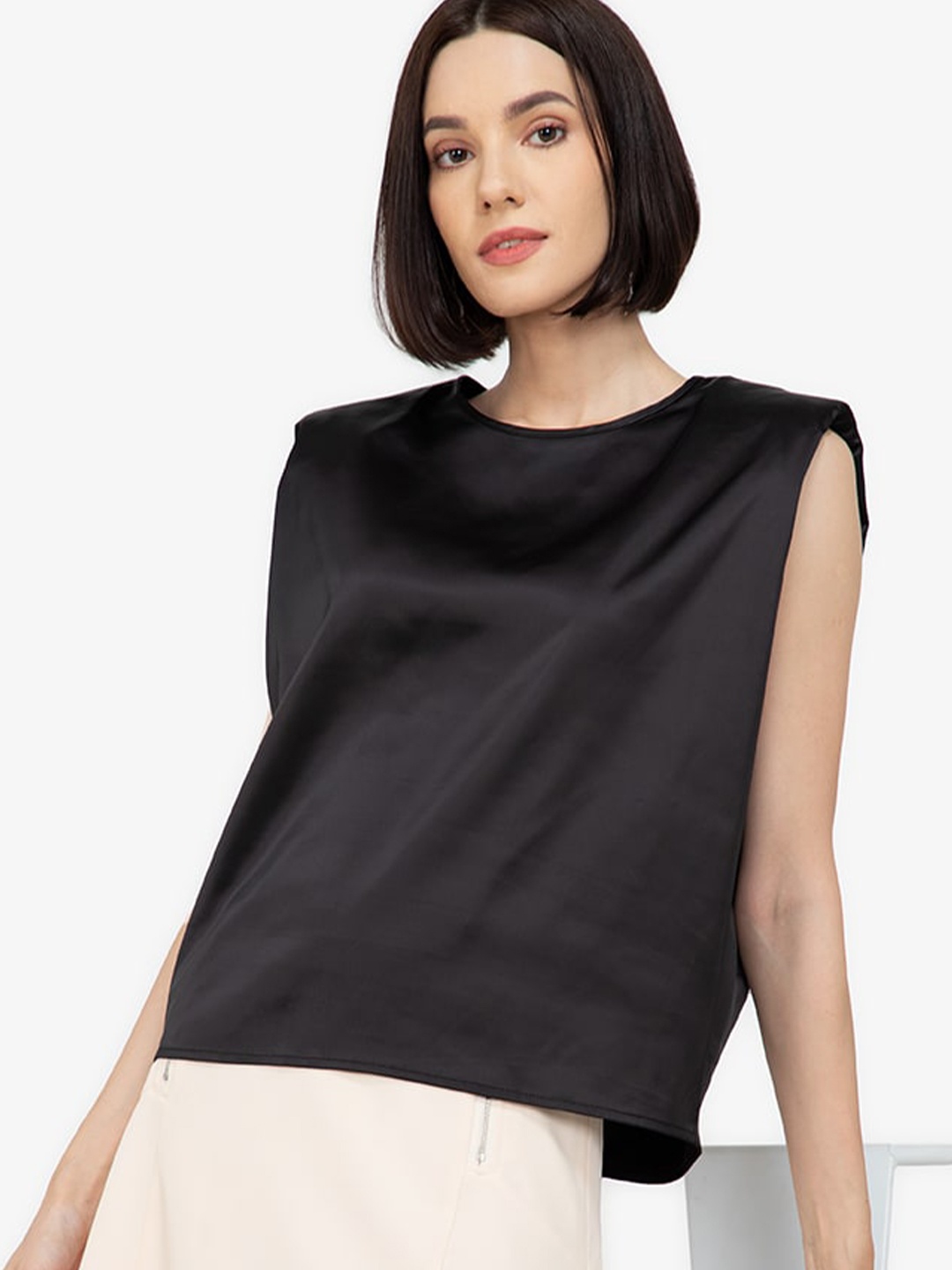 

ZALORA WORK Black Satin Shoulder Pad Top