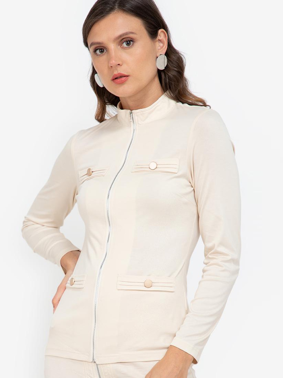 

ZALORA WORK Women Beige Fitted Zip Up Mock Neck Top