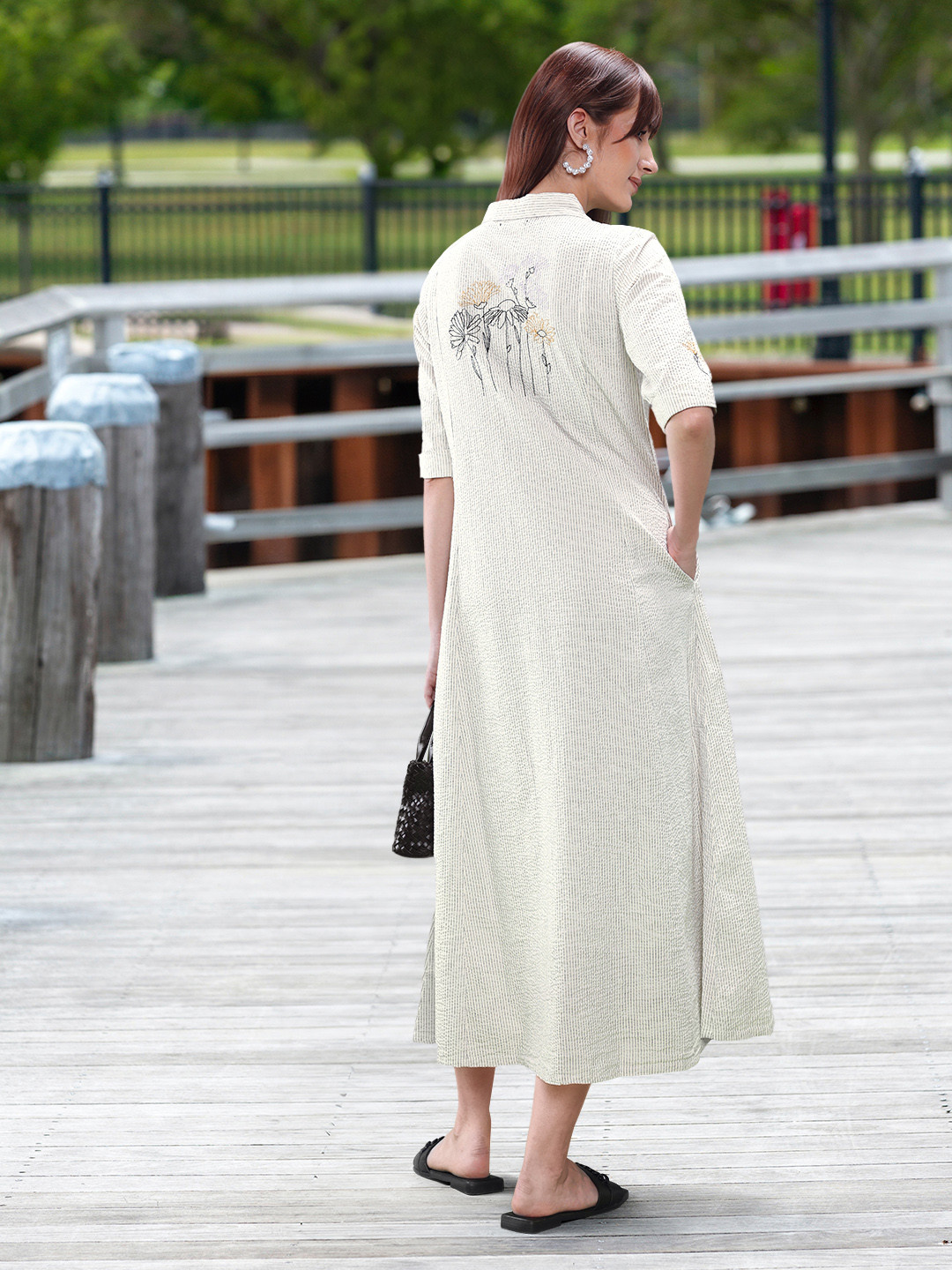 

W Striped Shirt Midi Cotton Dress, White