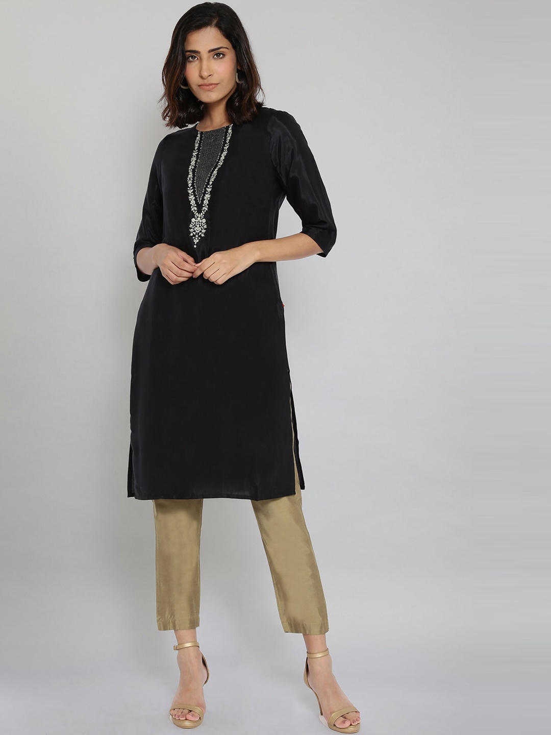 

W Women Black Solid A-line Thread Work Kurta