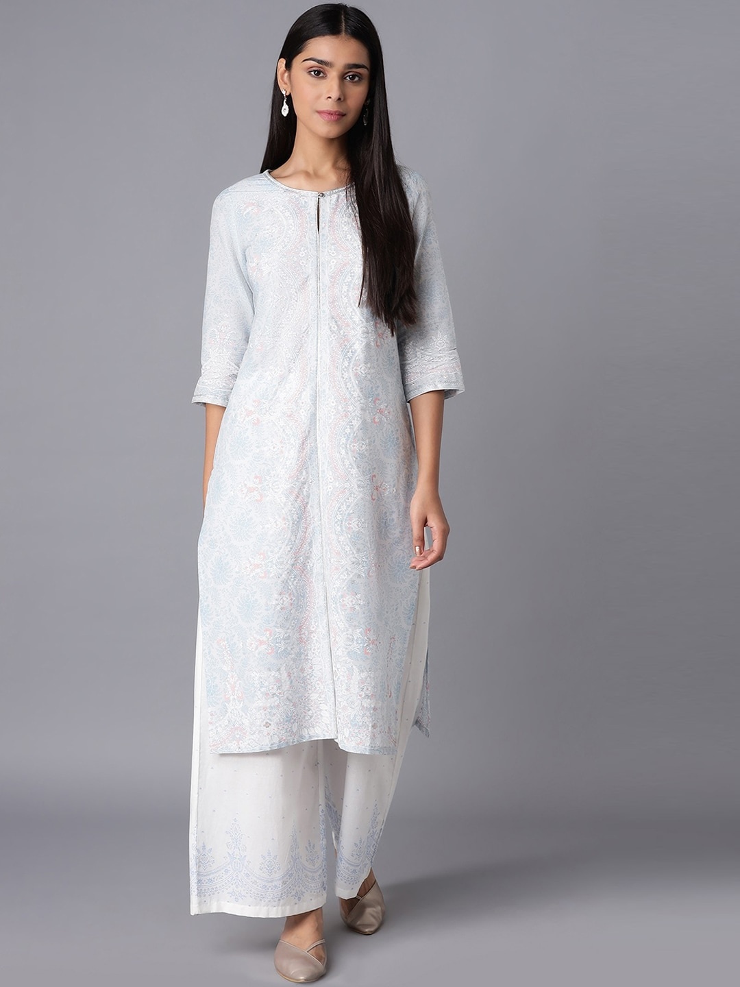 

W Women Blue Ethnic Motifs Printed Keyhole Neck Pure Cotton Kurta