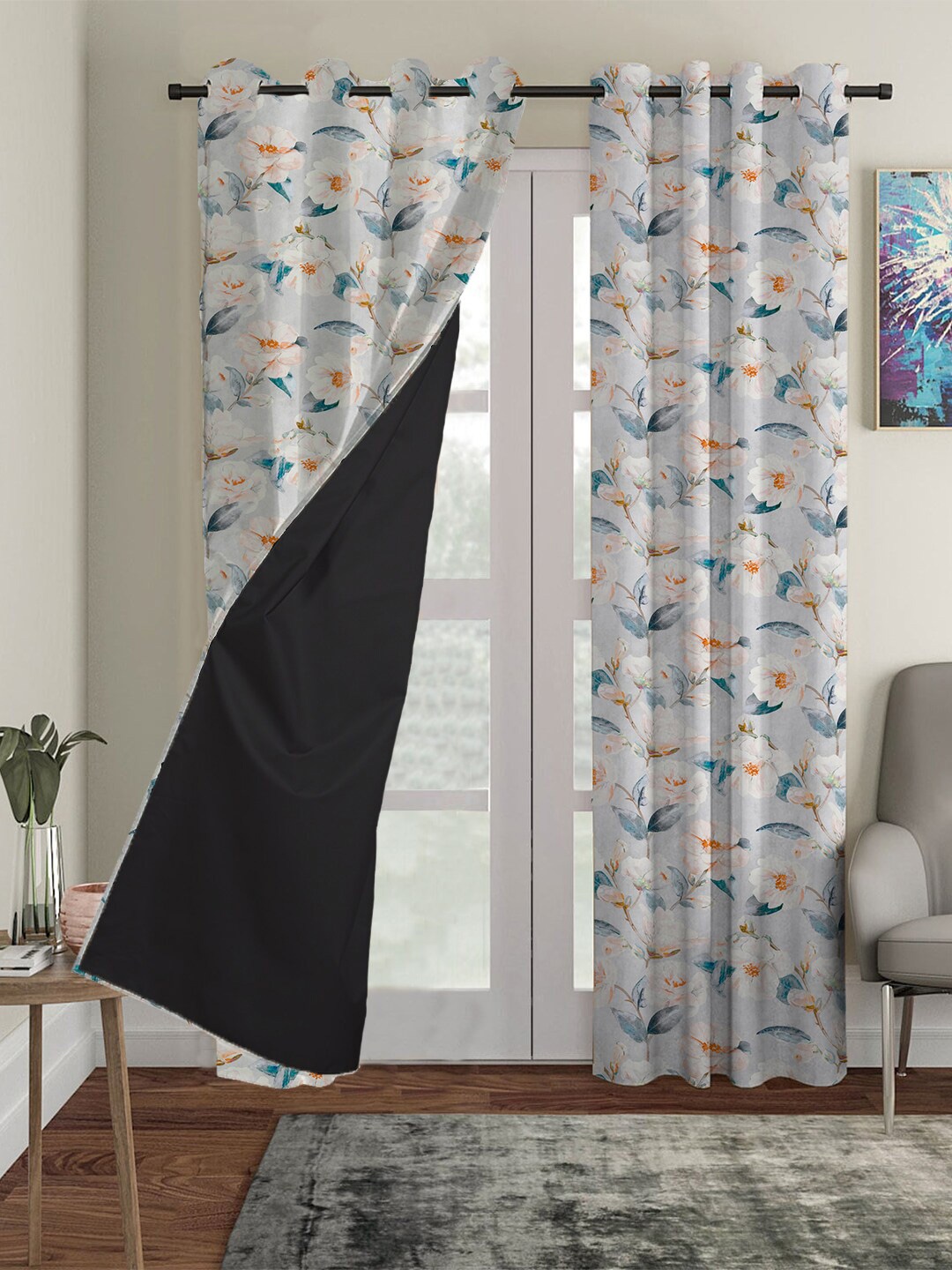 

HOUZZCODE Set Of 4 Grey Floral Printed Blackout Long Door Curtain