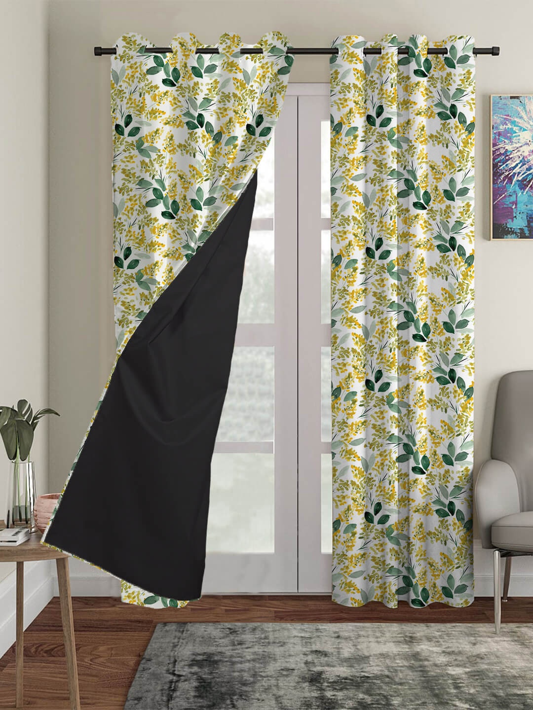 

HOUZZCODE Yellow & White Set of 4 Floral Black Out Long Door Curtain