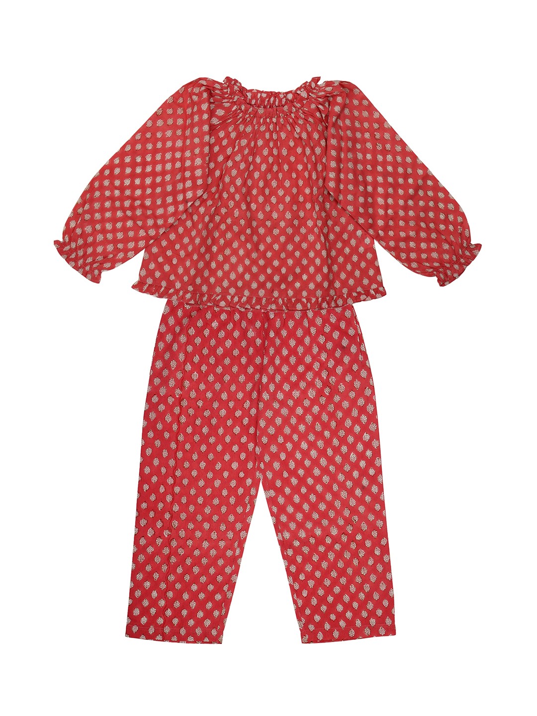 

My Little Lambs Girls Coral Ethnic Motifs Printed Night suit