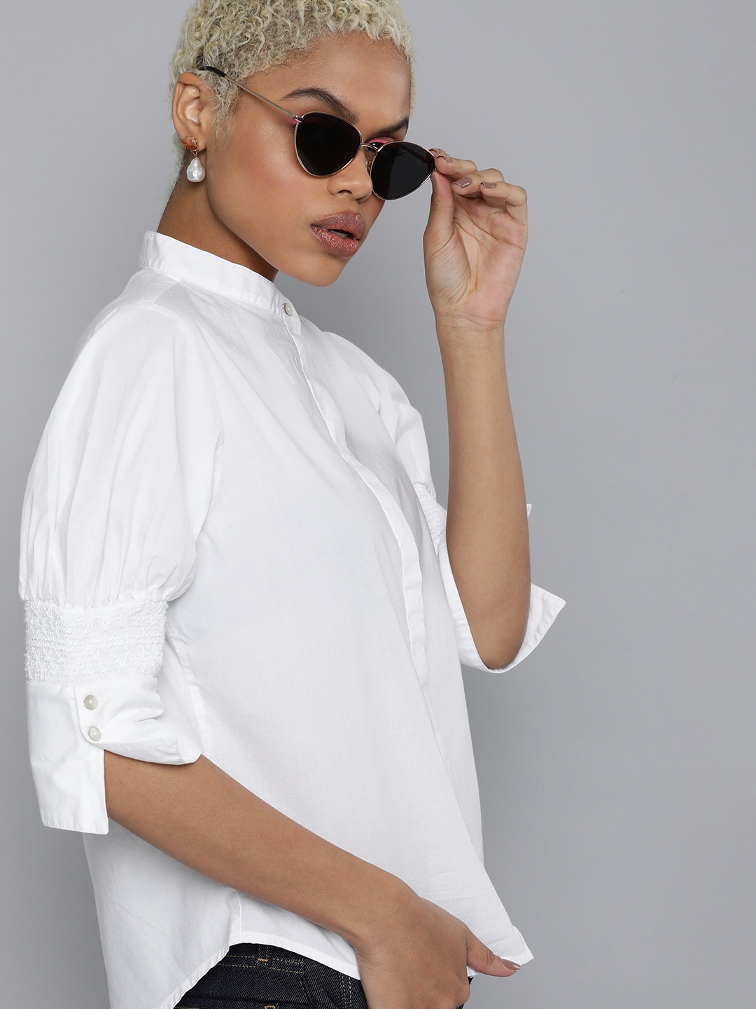 

Levis Women White Band Collar Smocked Casual Shirt