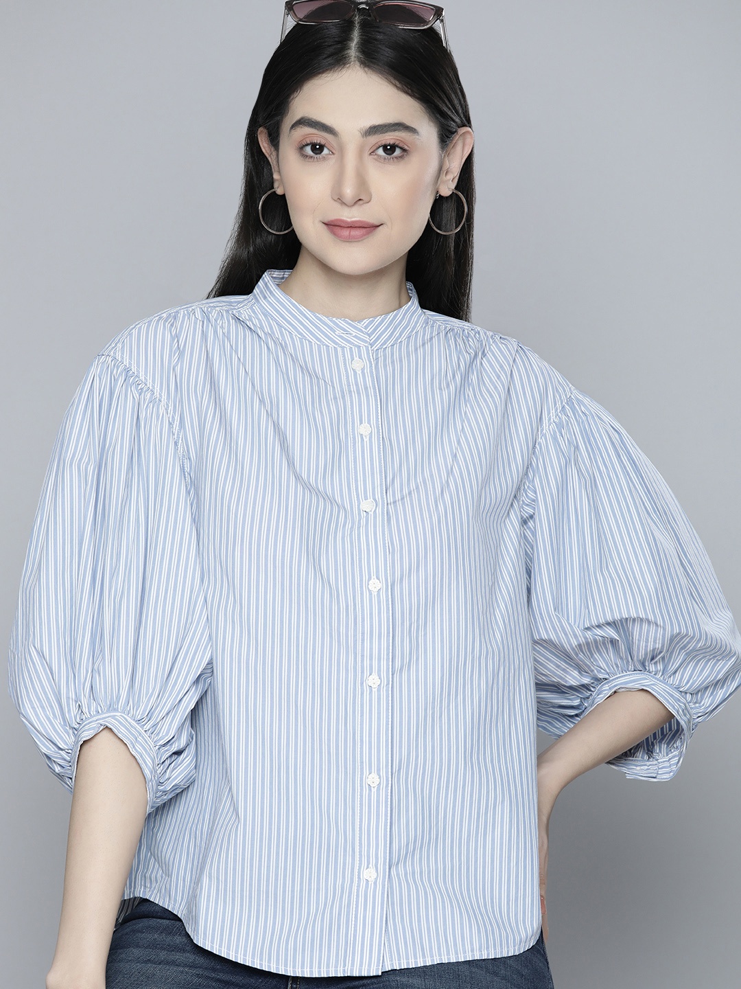 

Levis Women Blue Vertical Stripes Opaque Pure Cotton Casual Shirt