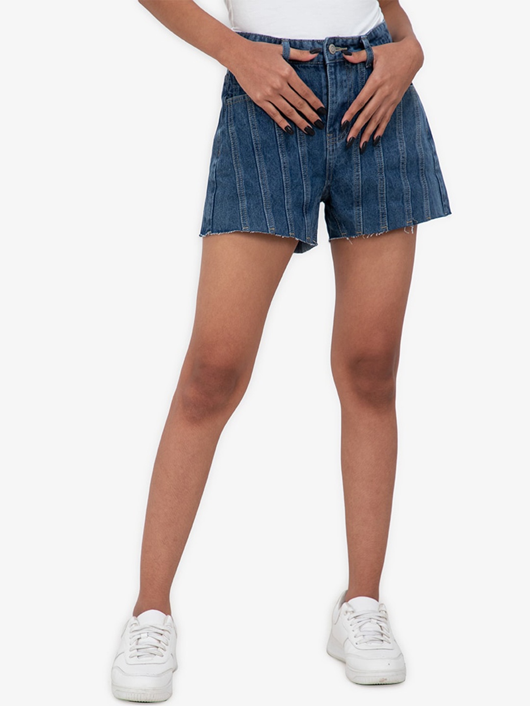 

ZALORA BASICS Women Blue Striped High-Rise Shorts