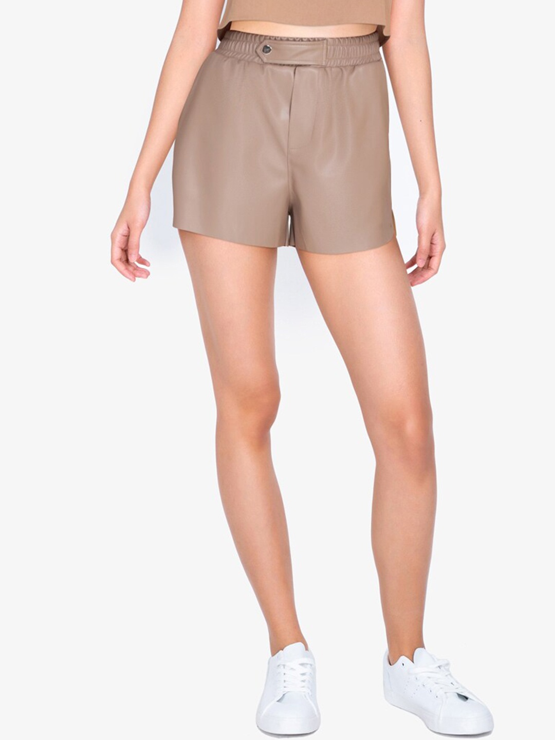 

ZALORA BASICS Women Beige High-Rise Curve Hem PU Shorts
