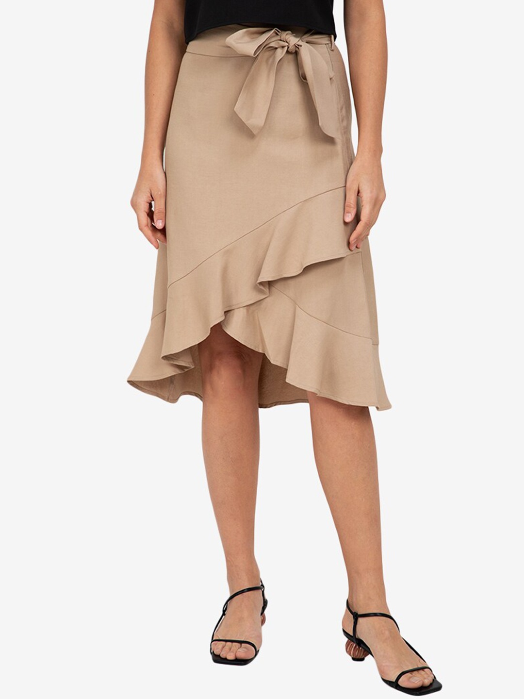 

ZALORA WORK Women Brown Solid High Low Tulip Skirt