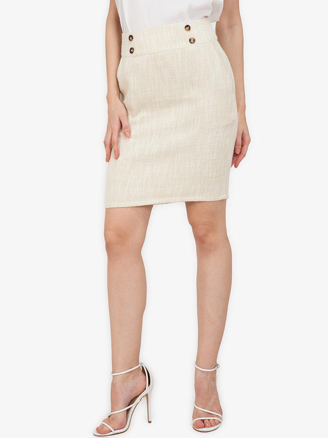

ZALORA WORK Women Cream-Coloured Button Detail Tweed Pencil Skirt