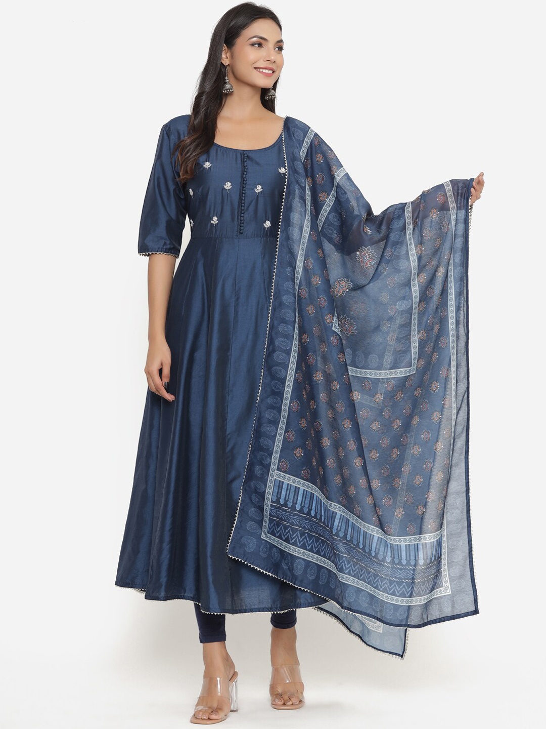 

Do Dhaage Women Navy Blue & White Floral Embroidered Silk Anarkali Kurta With Dupatta