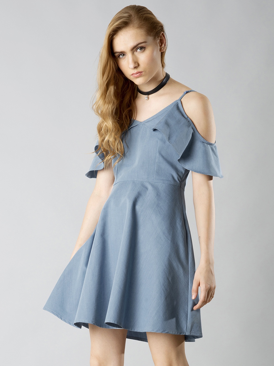 

FabAlley Women Blue Cold Shoulder A-Line Dress