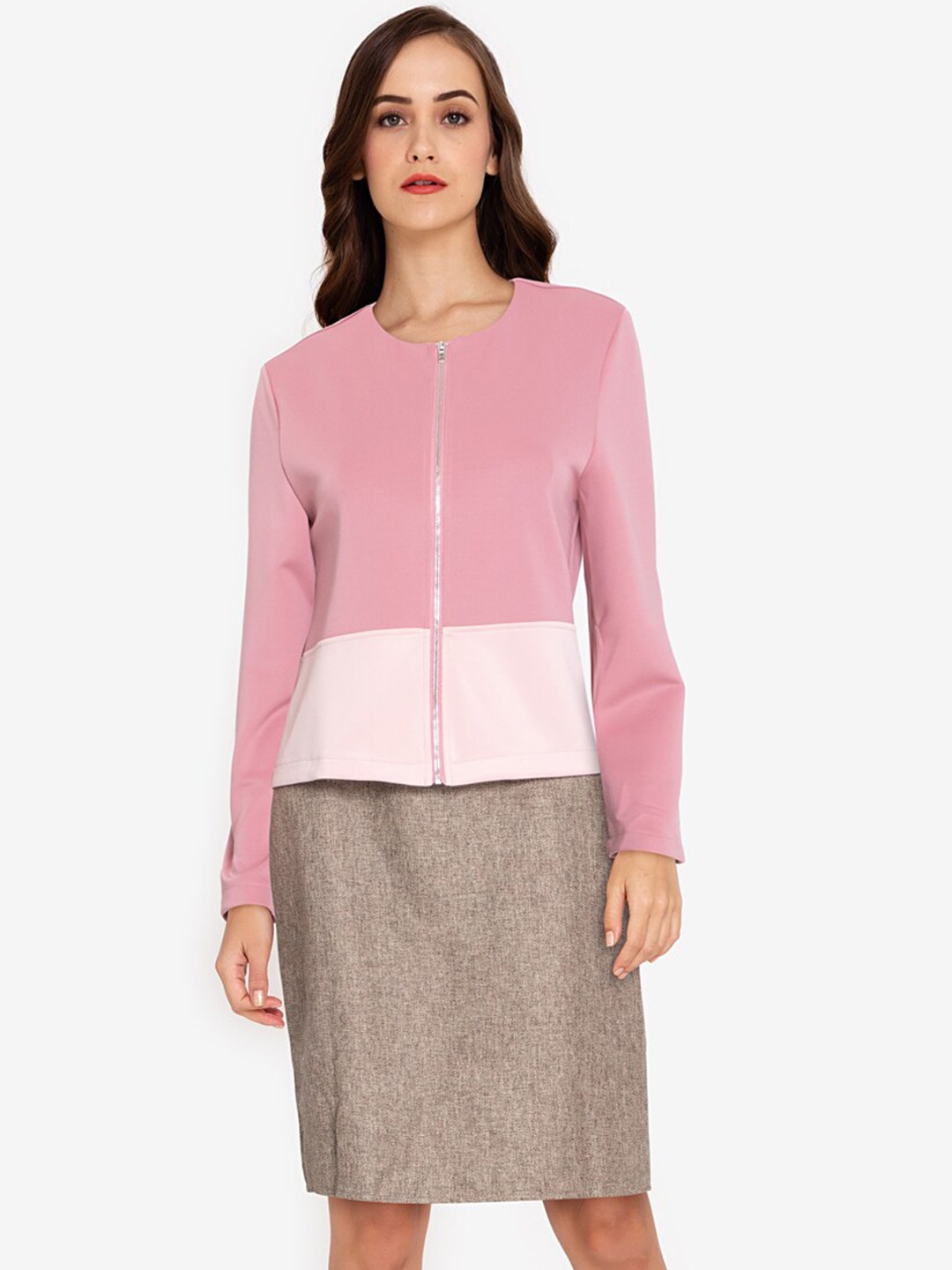 

ZALORA BASICS Women Pink & White Colourblocked Open Front Jacket
