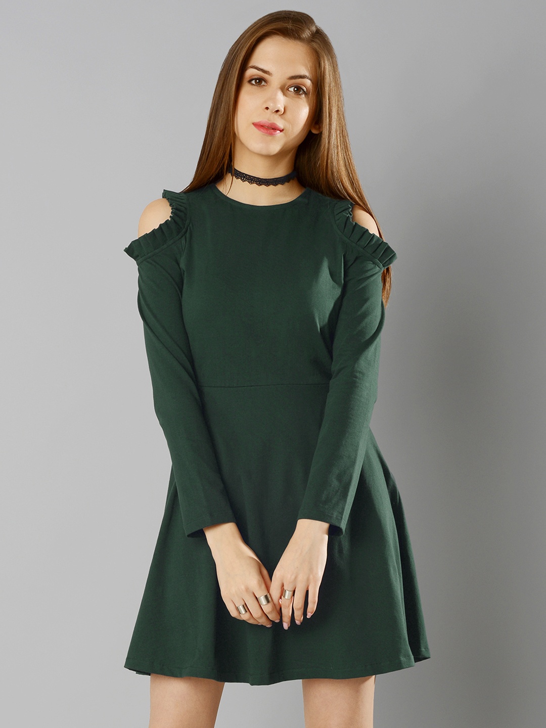

FabAlley Women Green Cold Shoulder A-Line Dress
