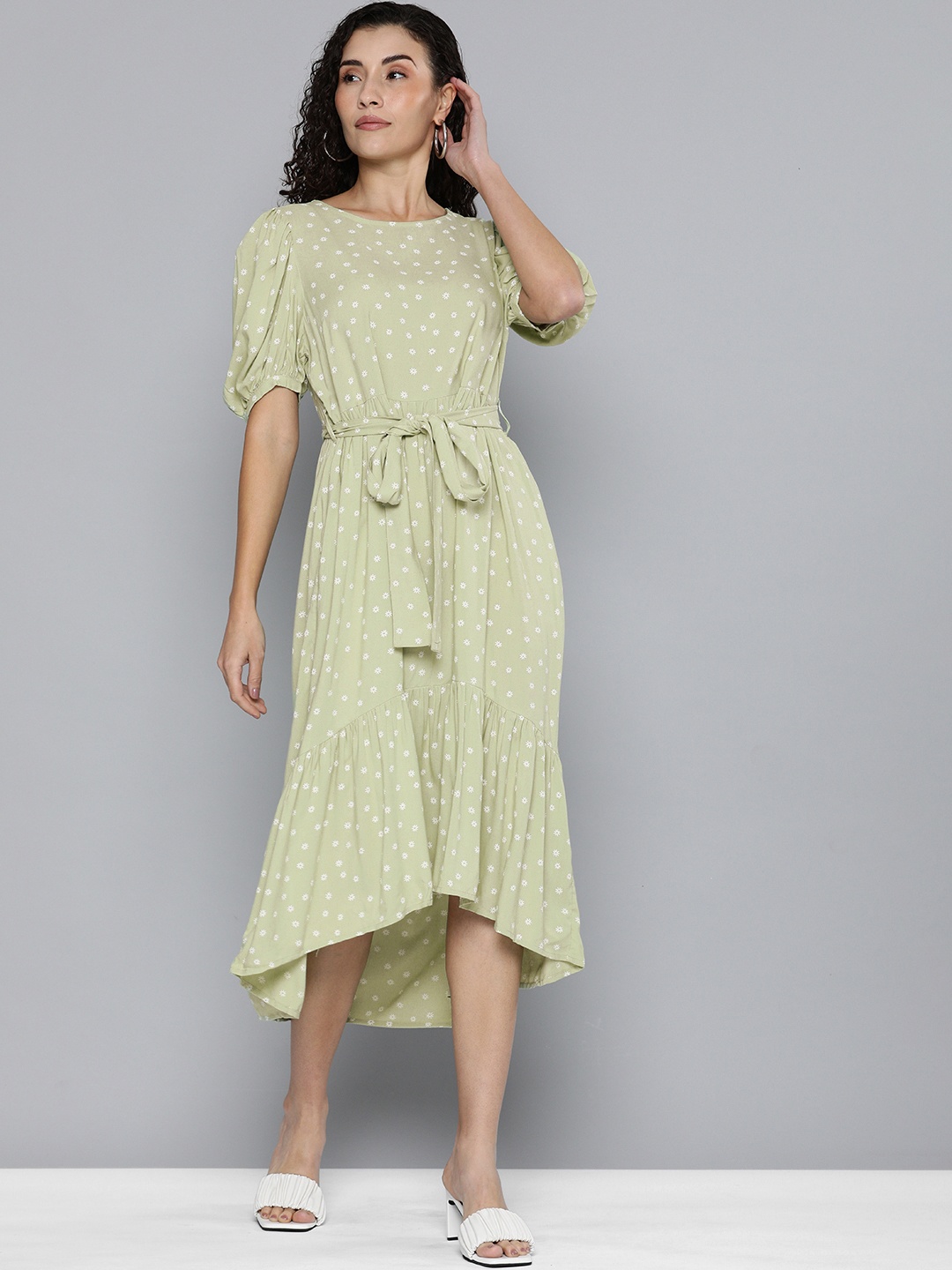 

Levis Floral Printed Puff Sleeve A-Line Midi Dress, Green