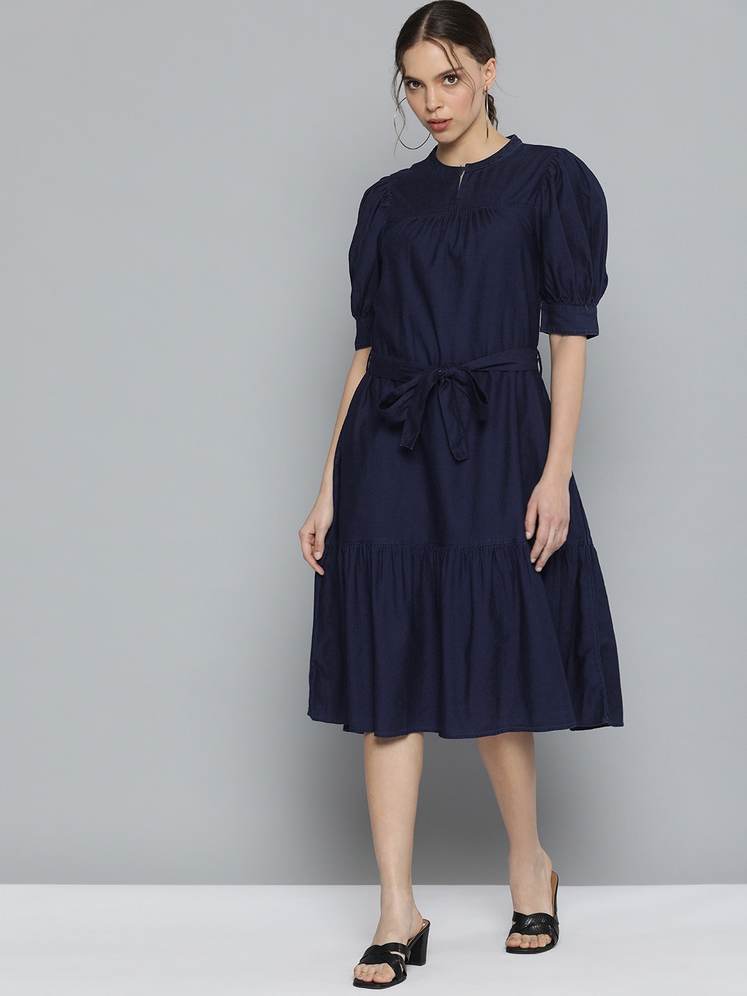 

Levis Women Navy Blue Textured Tiered A-Line Midi Dress With Belt