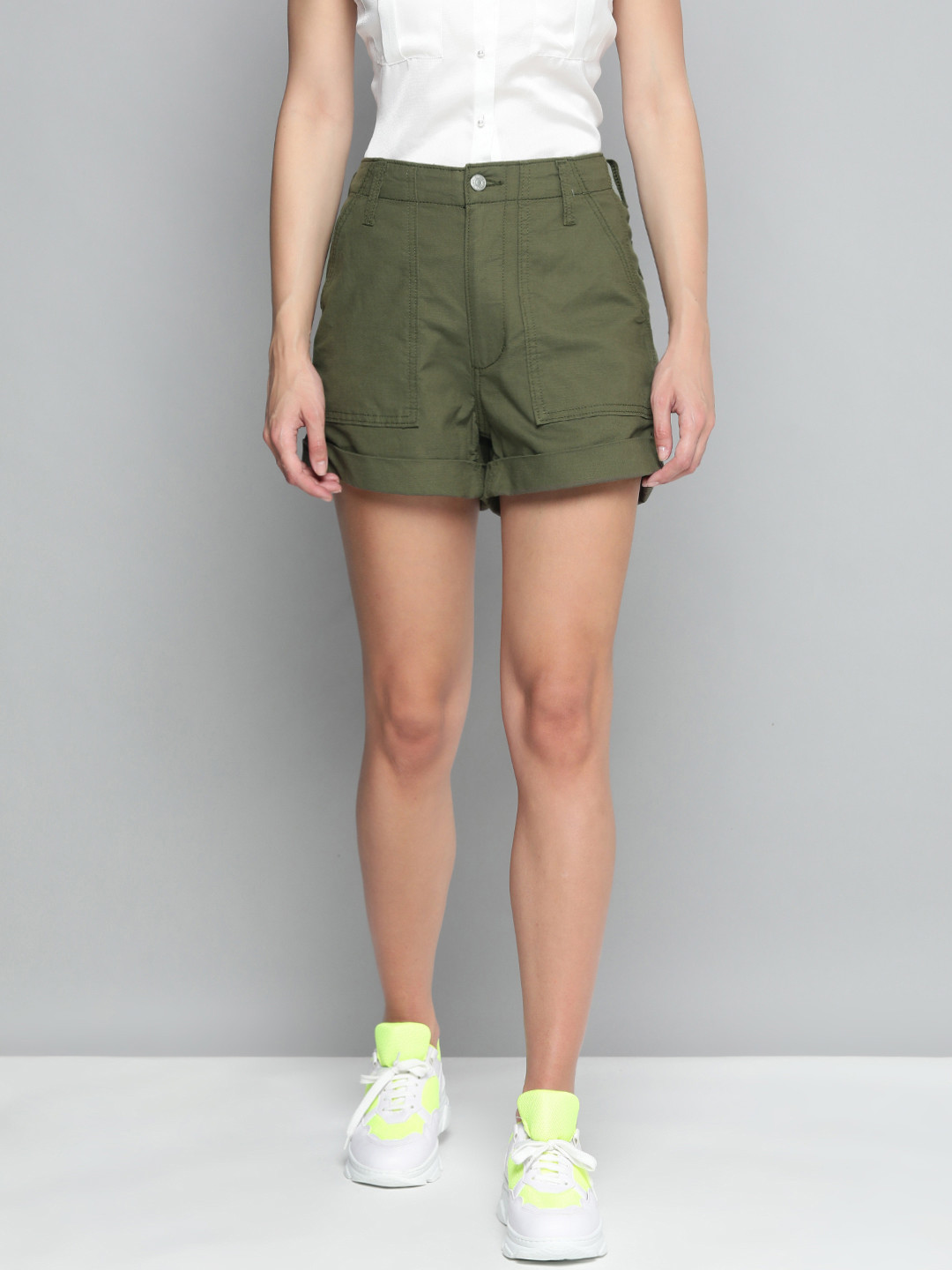 

Levis Women Olive Green Solid High-Rise Regular Shorts