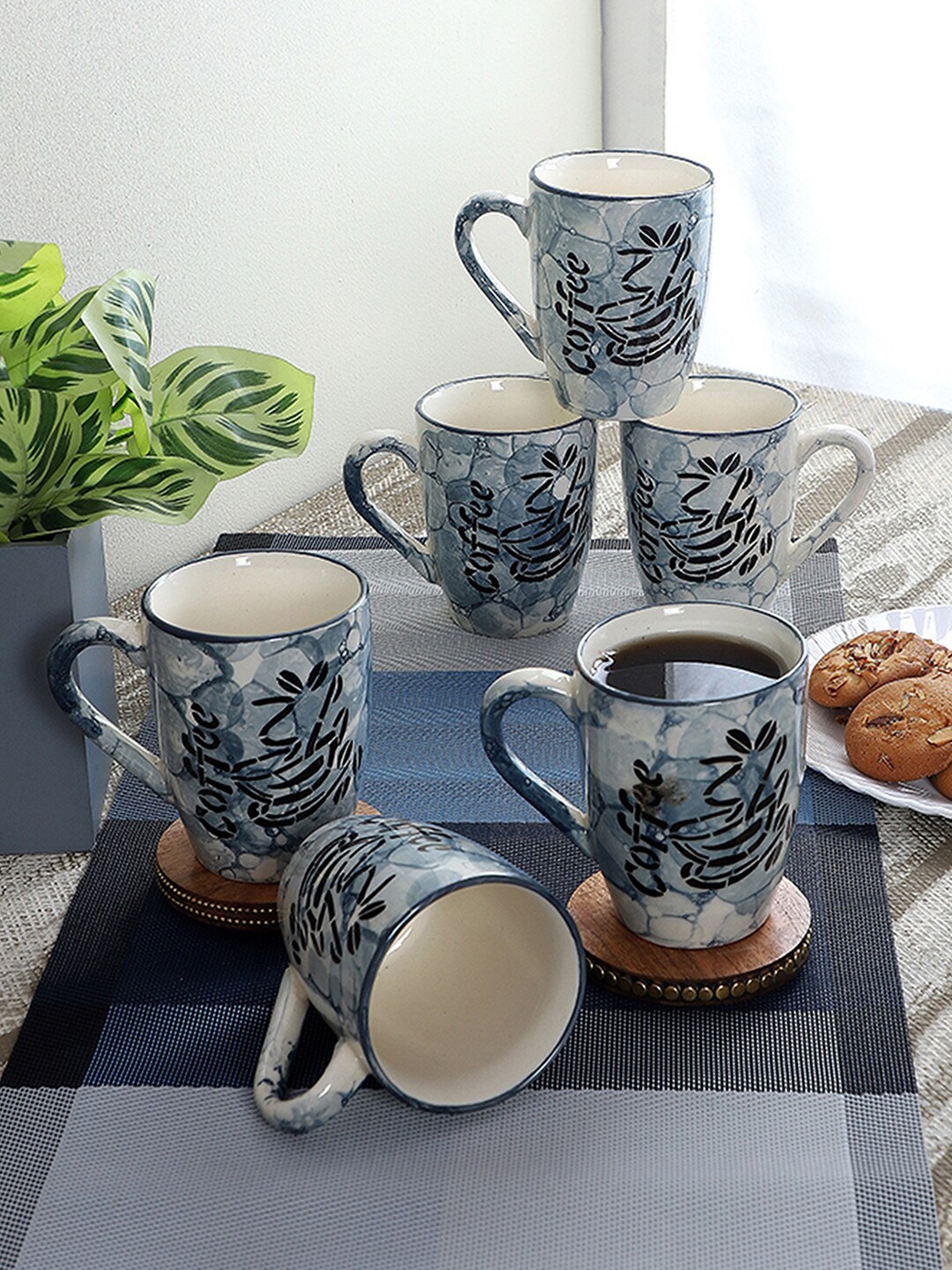 

CDI Blue & Black Printed Ceramic Matte Set of 6 Mugs