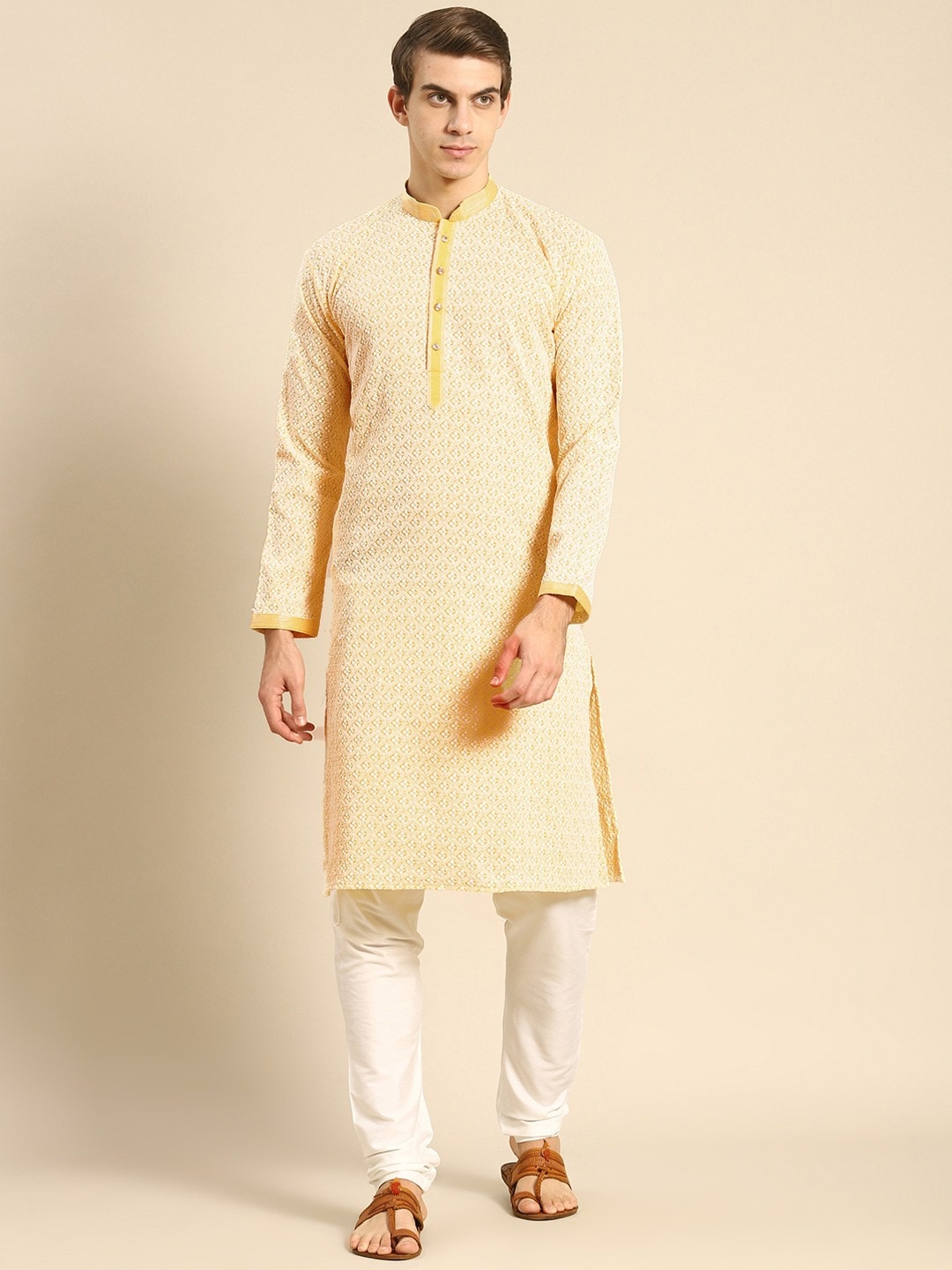 

RAJUBHAI HARGOVINDAS Men Yellow Striped Angrakha Chikankari Pure Cotton Kurti with Pyjamas