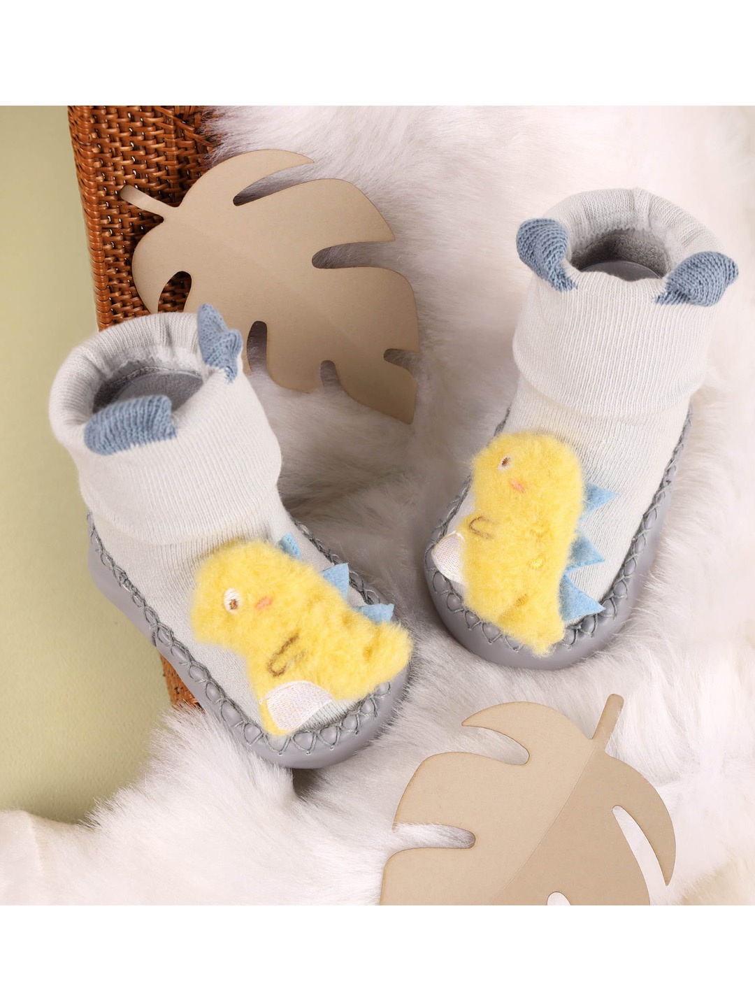 

KICKS & CRAWL Infant Kids Yellow & White Lil Dino Booties