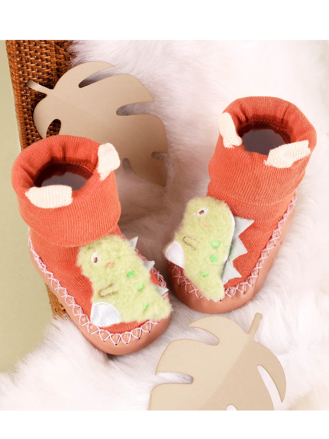 

KICKS & CRAWL Infant Kids Rust Orange & Beige Lil Dino Booties