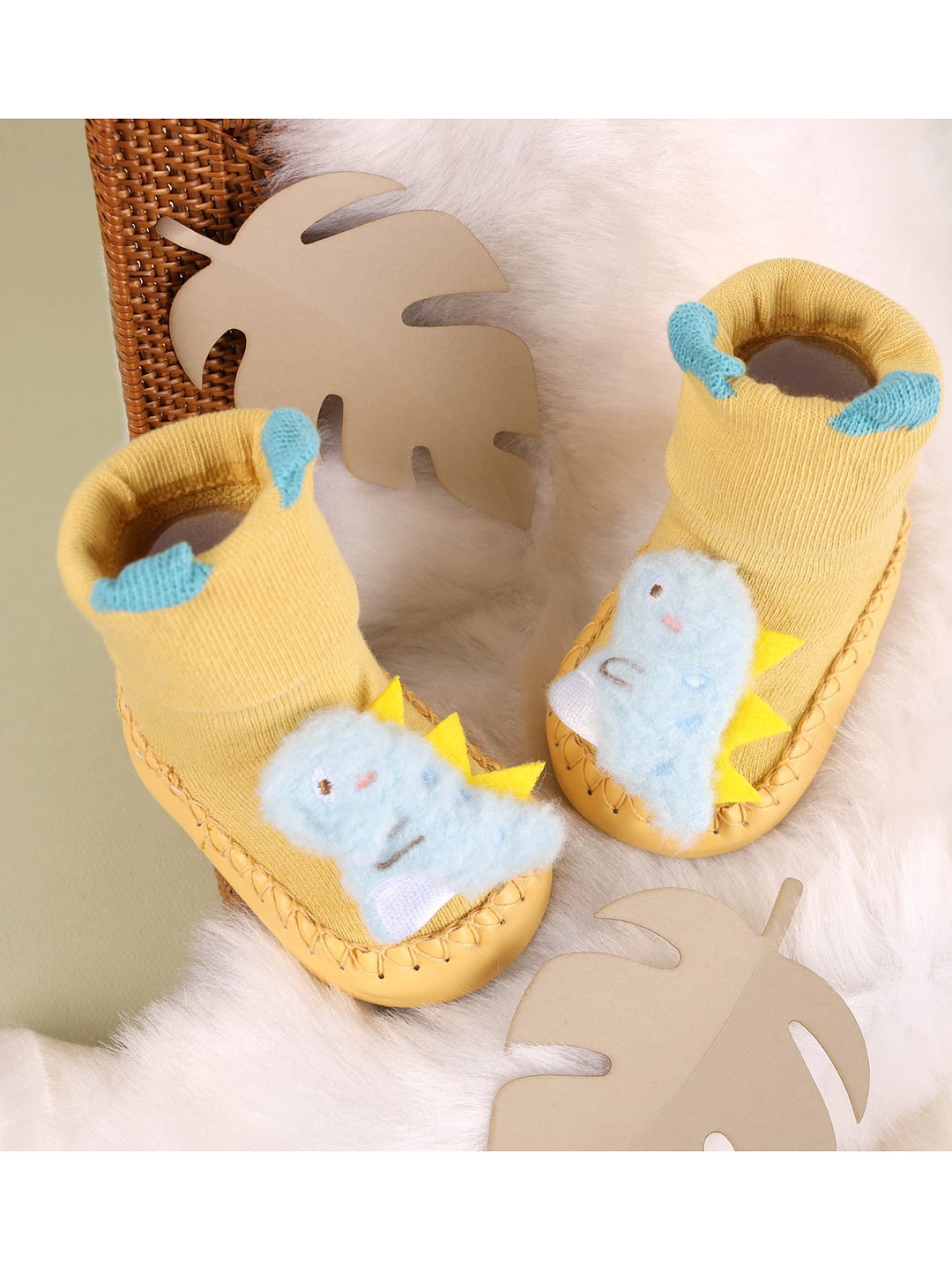

KICKS & CRAWL Infant Kids Yellow & Blue Lil Dino Booties