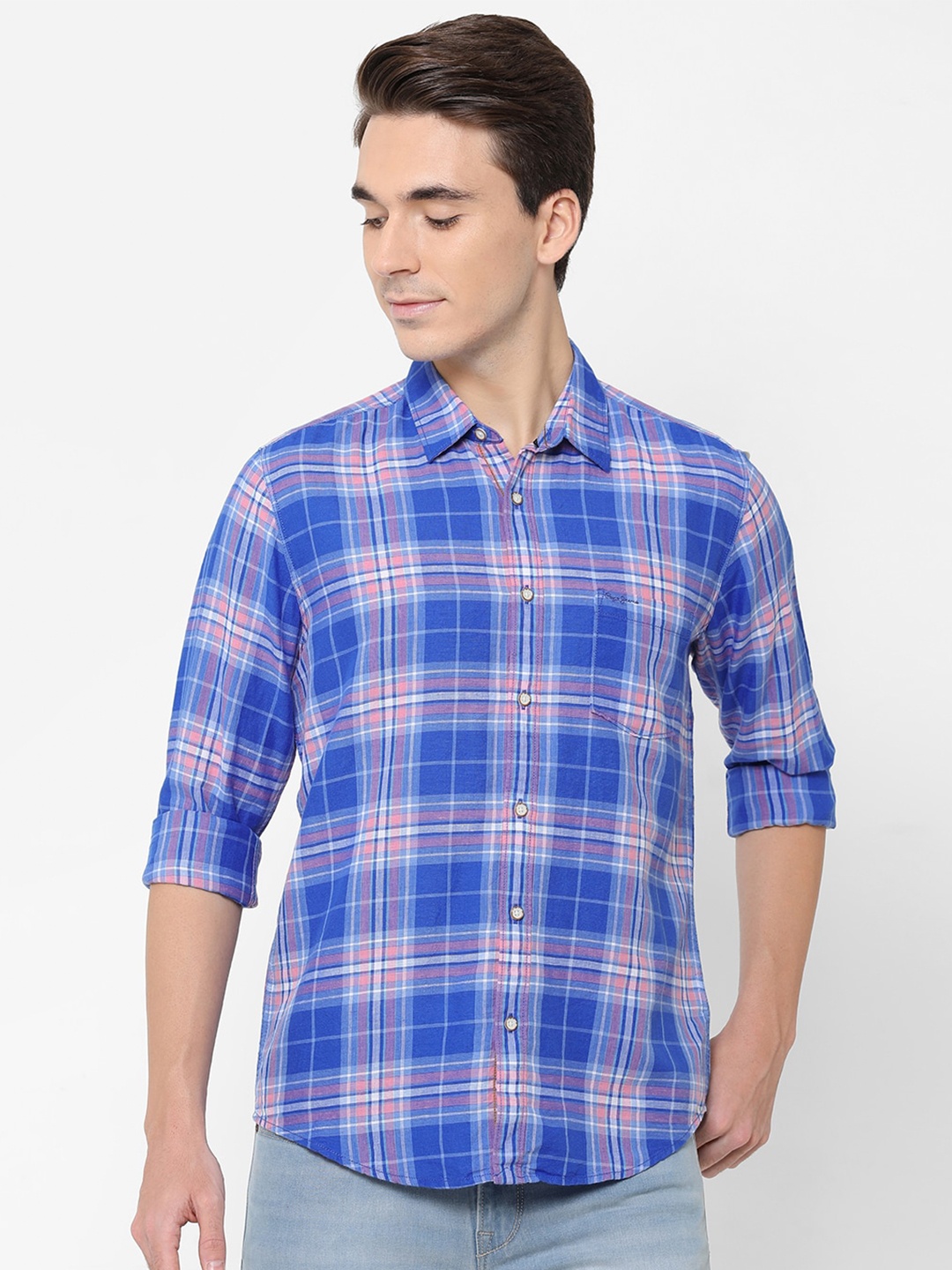 

Pepe Men Blue & White Tartan Checked Cotton Linen Casual Shirt