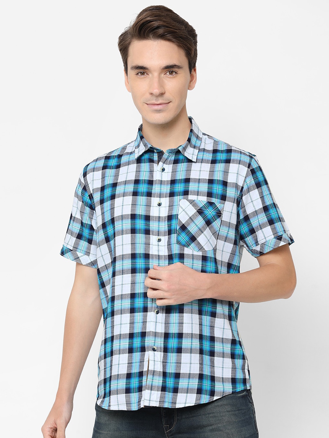 

Pepe Men Blue Tartan Checks Casual Shirt