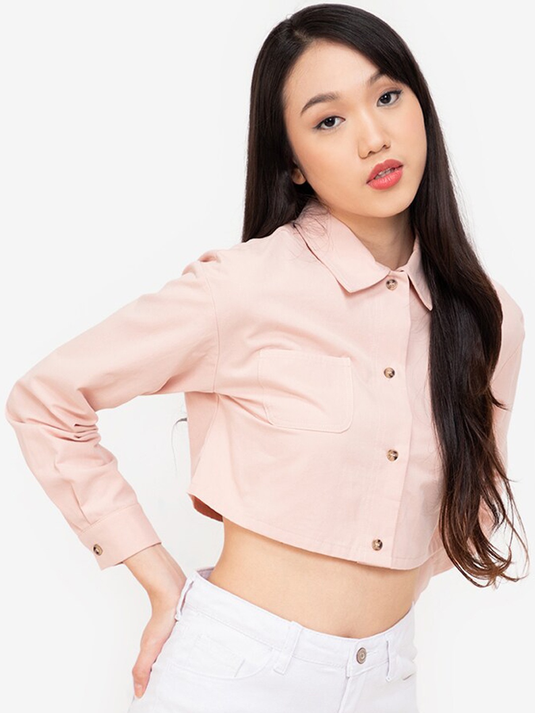 

ZALORA BASICS Women Pink Skinny Fit Cropped Casual Shirt