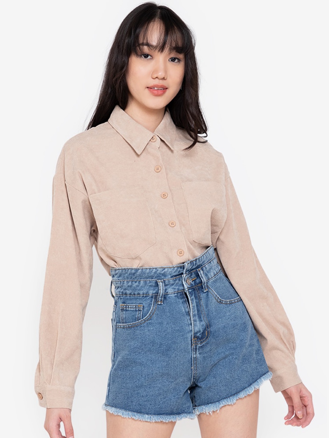 

ZALORA BASICS Women Beige Skinny Fit Corduroy Oversized Casual Shirt