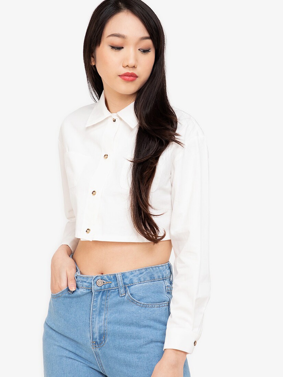 

ZALORA BASICS Women White Slim Fit Cropped Pure Cotton Casual Shirt