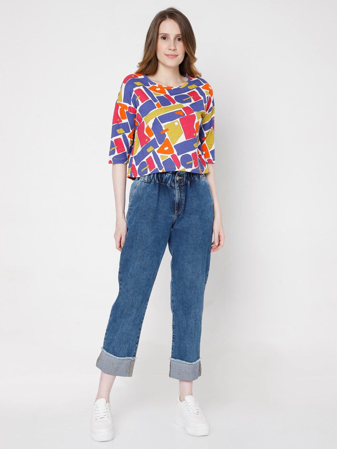 

Vero Moda Women Multicoloured Printed Extended Sleeves Cotton T-shirt, Multi