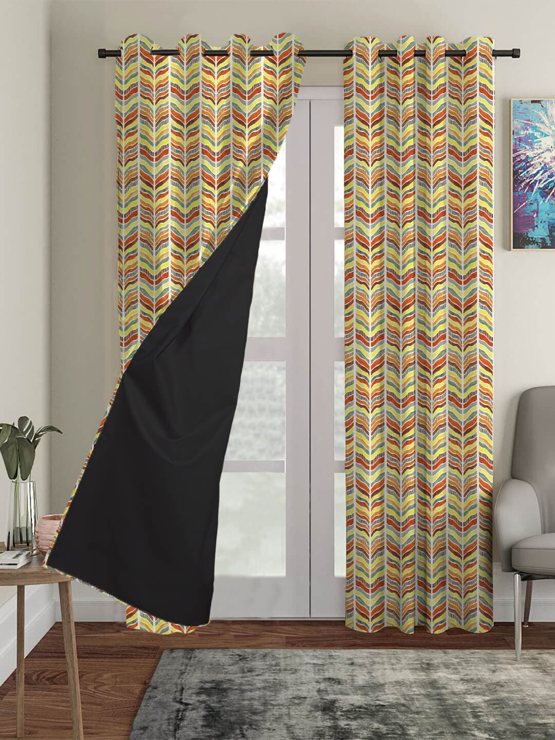 

HOUZZCODE Yellow & Blue Abstract Printed Black Out Door Curtain